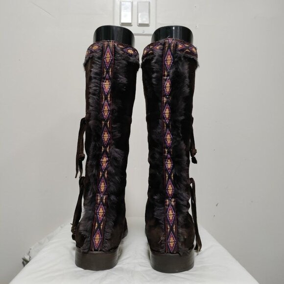 Jimmy Choo Suede Festival Rabbit Fur Boho Aztec Trim Boots Chocolate Women's 9 - Picture 4 of 16